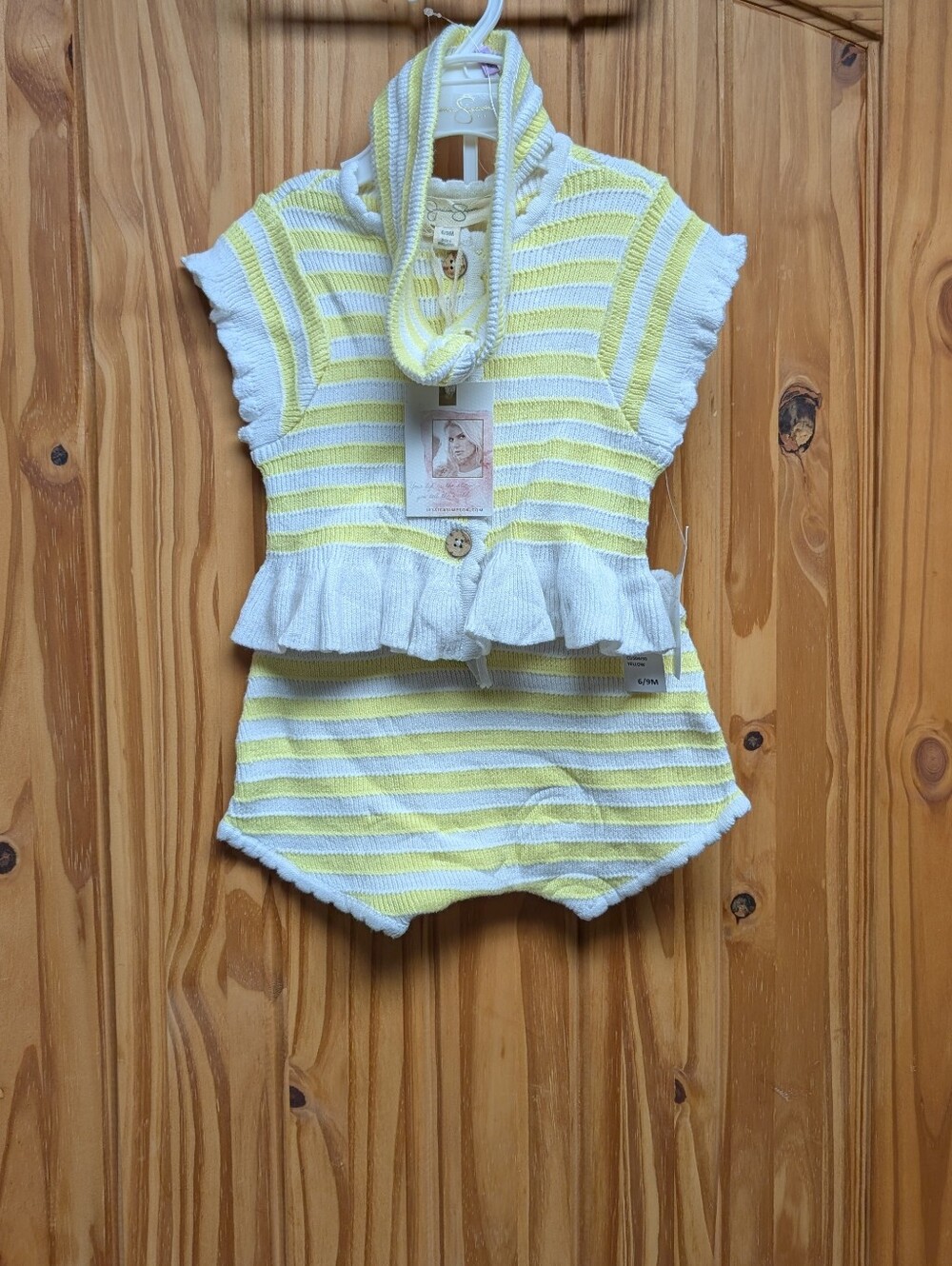 Jessica Simpson Yellow & White Striped Knit Baby Romper with Hooded Scarf